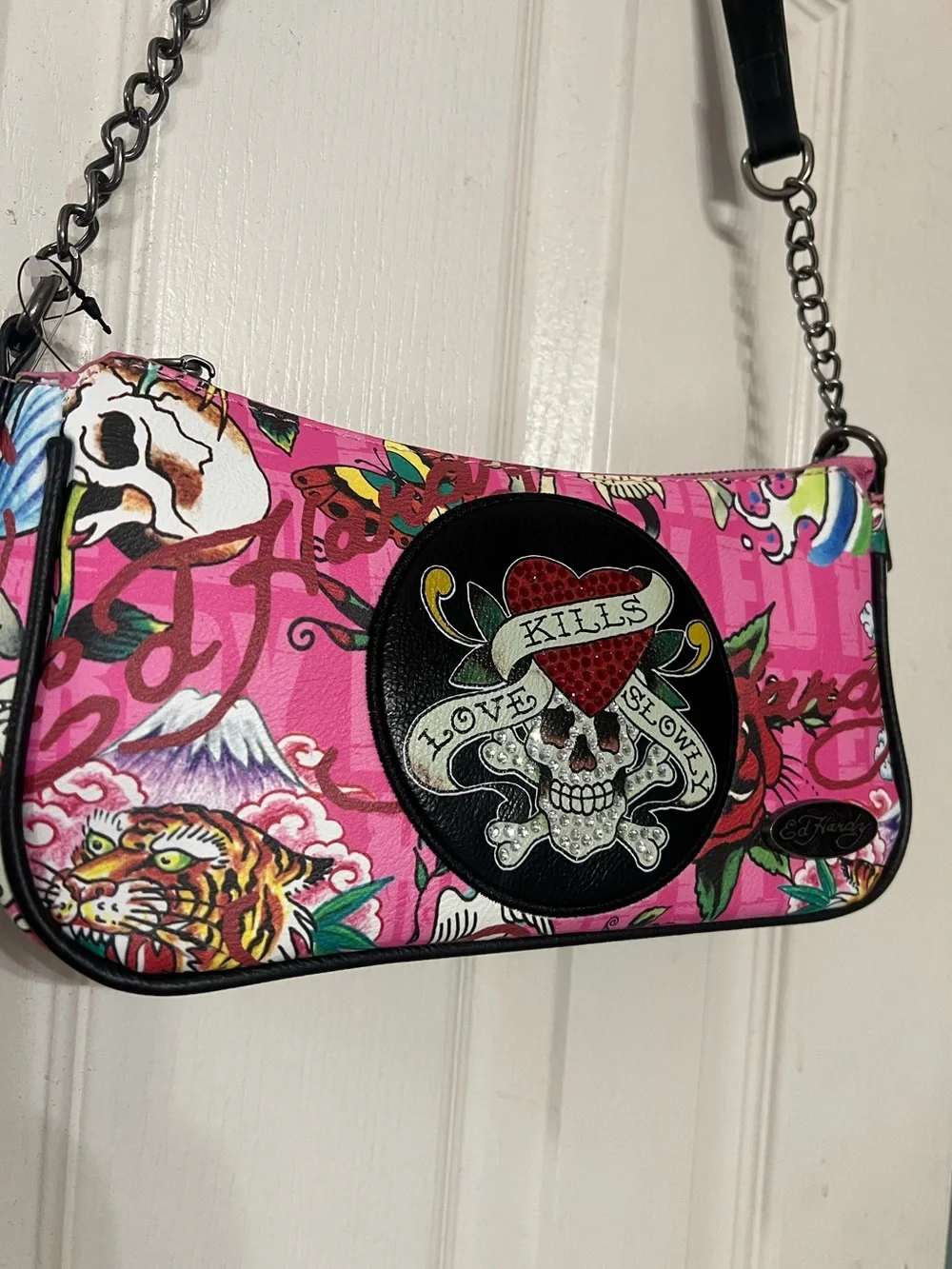 Ed Hardy Love Kills Slowly Pink Shoulder Bag NWT Y2K Skull Purse - Picture 4 of 11